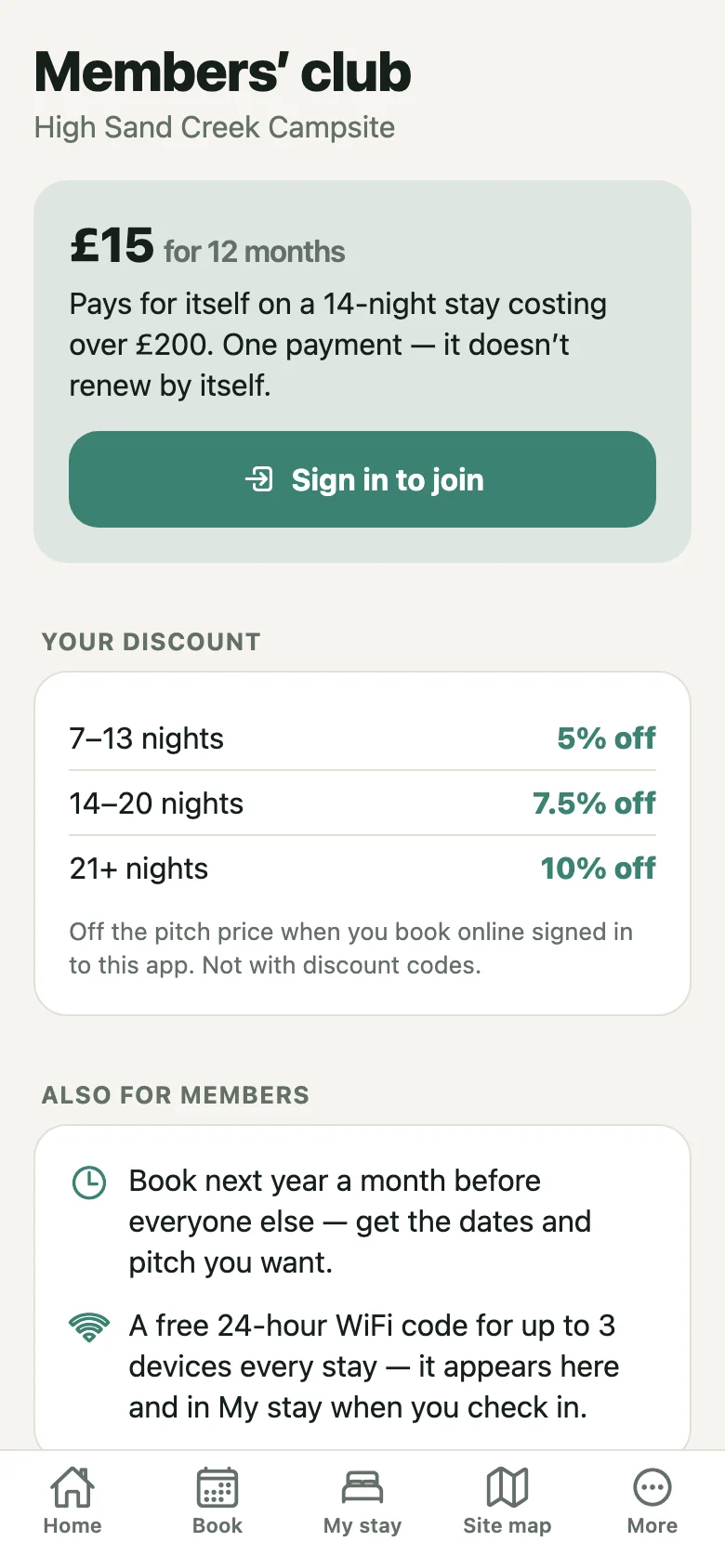The Members’ club screen in the High Sand Creek app: £15 for 12 months, the discount for each length of stay, early booking and free WiFi