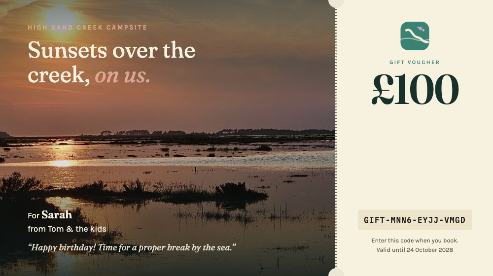 An example gift voucher: a sunset over the creek with the words “Sunsets over the creek, on us”, who it’s for and a message, and a tear-off stub showing £100 and the voucher code